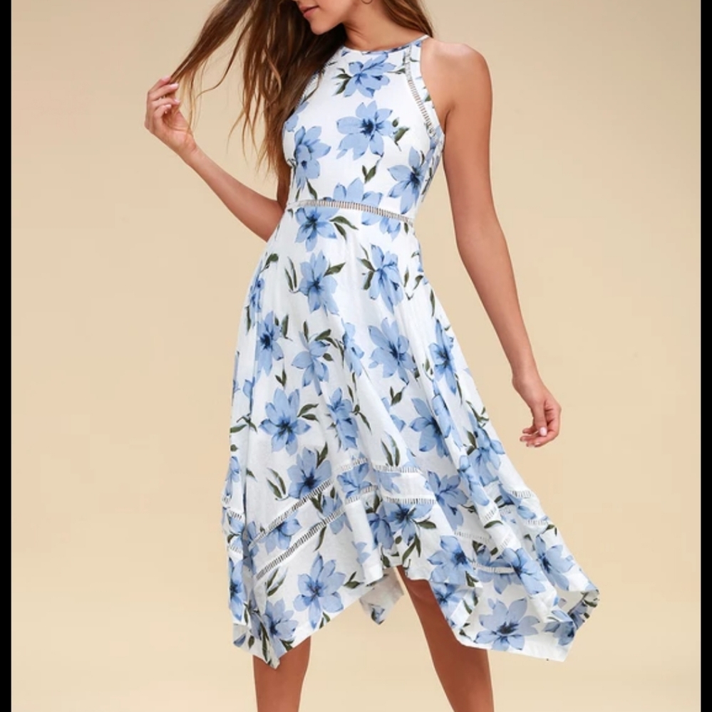 Blue and white floral print midi dress